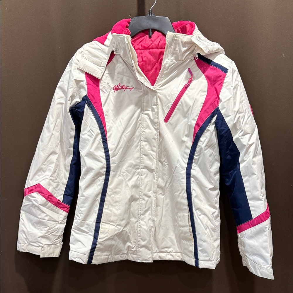 Weatherproof White and Pink Kids Raincoat with Navy Accents